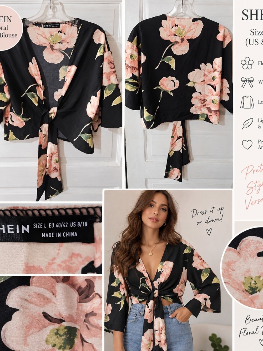 SHEIN Floral Wrap Tie Front Blouse Black Pink Green Long Sleeve Size L.